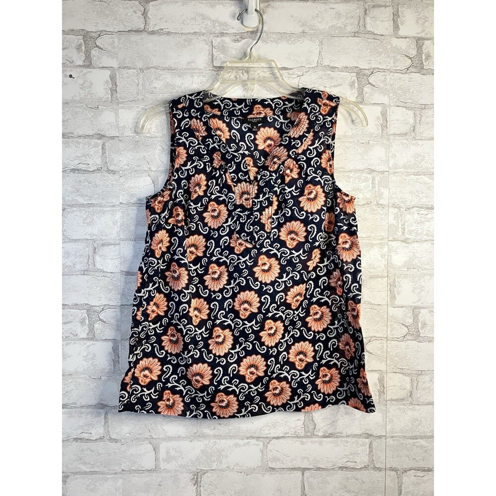 Talbots Petite 8P Sleeveless Blouse Navy Orange Floral Paisley Cotton Tank Top